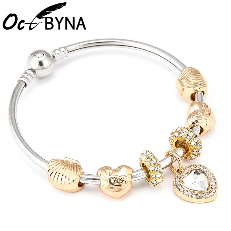 

Octbyna Romantic Rhinestone Love Heart Charm Bracelets Bangles For Women Gold-color Crystal Chain Brand Bangle Jewelry