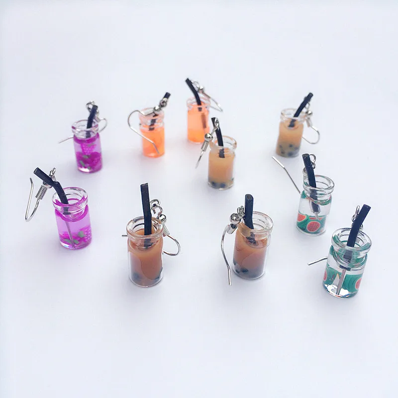 

Unique Bubble Tea Dangle Earrings Personality Glass Bottle Fruit Tea Drink Earring for Woman Girl Funny Summer Party Jewelry