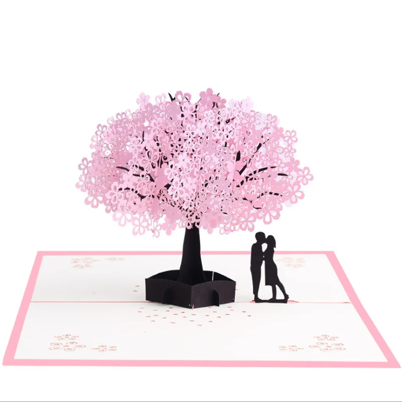  3D Pop UP Cards Flowers Birthday Card Anniversary Gifts Postcard Paper Carving Cherry Tree Wedding  - 4.00042E+12