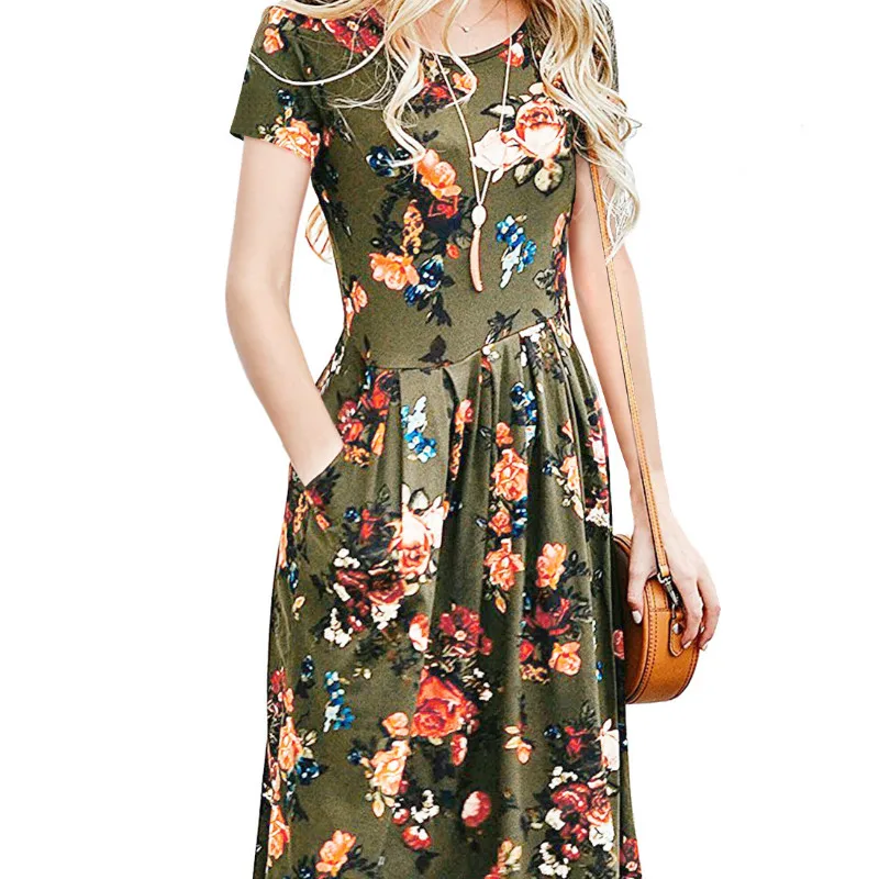 

Bohemain Women Floral Dress Printed Short Sleeve O-neck Pockets Summer A-line Dresses Knee-Length Casual Sundress New GV584