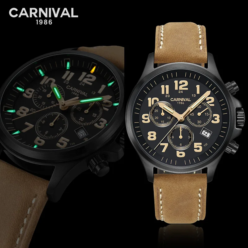 Часы Carnival T25 Tritium мужские спортивные армейские Роскошные кварцевые наручные