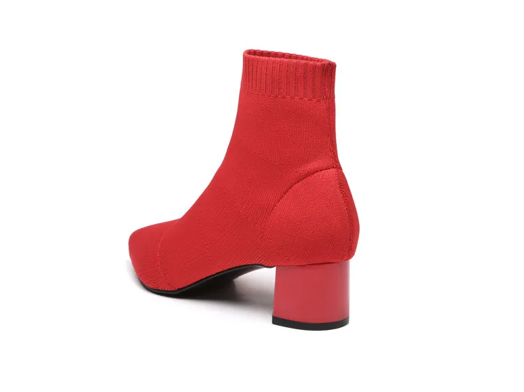 Женские полусапожки из эластичной ткани красного цвета; пикантные женские ботильоны с острым носком; черные ботинки на высоком массивном каблуке 5 см; Botas Mujer