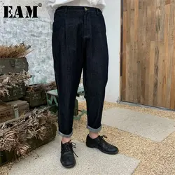 [EAM] Новинка 2019 года сезон: весна-лето высокая эластичная талия темно синие джинсы раза свободные шаровары для женщин мотобрюки мода прилив
