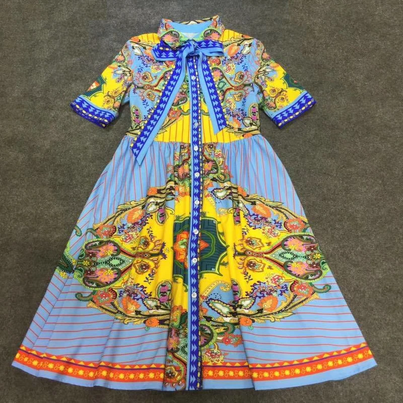 cartoon flowers dress striped dresses blue summer runway dress high quality 2018 20180608