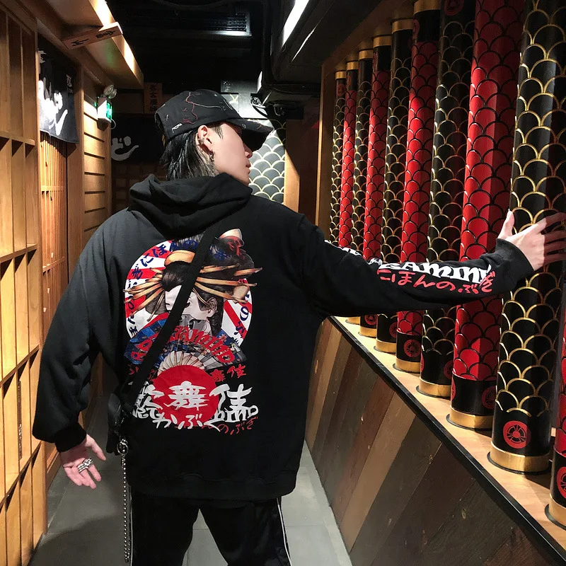 Японская гейша пуловеры c капюшоном, c принтом Для мужчин больших размеров в стиле хип-хоп Уличная кофты Мода Повседневный хлопковый с капюшоном Костюмы Mlae