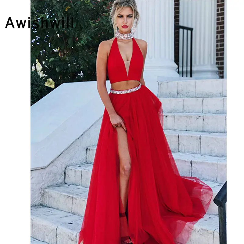 Vestido largo rojo de dos piezas con cuentas de cristal para mujer, traje  Formal de dos piezas con escote en V, con cuentas de tul, para fiestas  especiales|Vestidos de graduación| - AliExpress