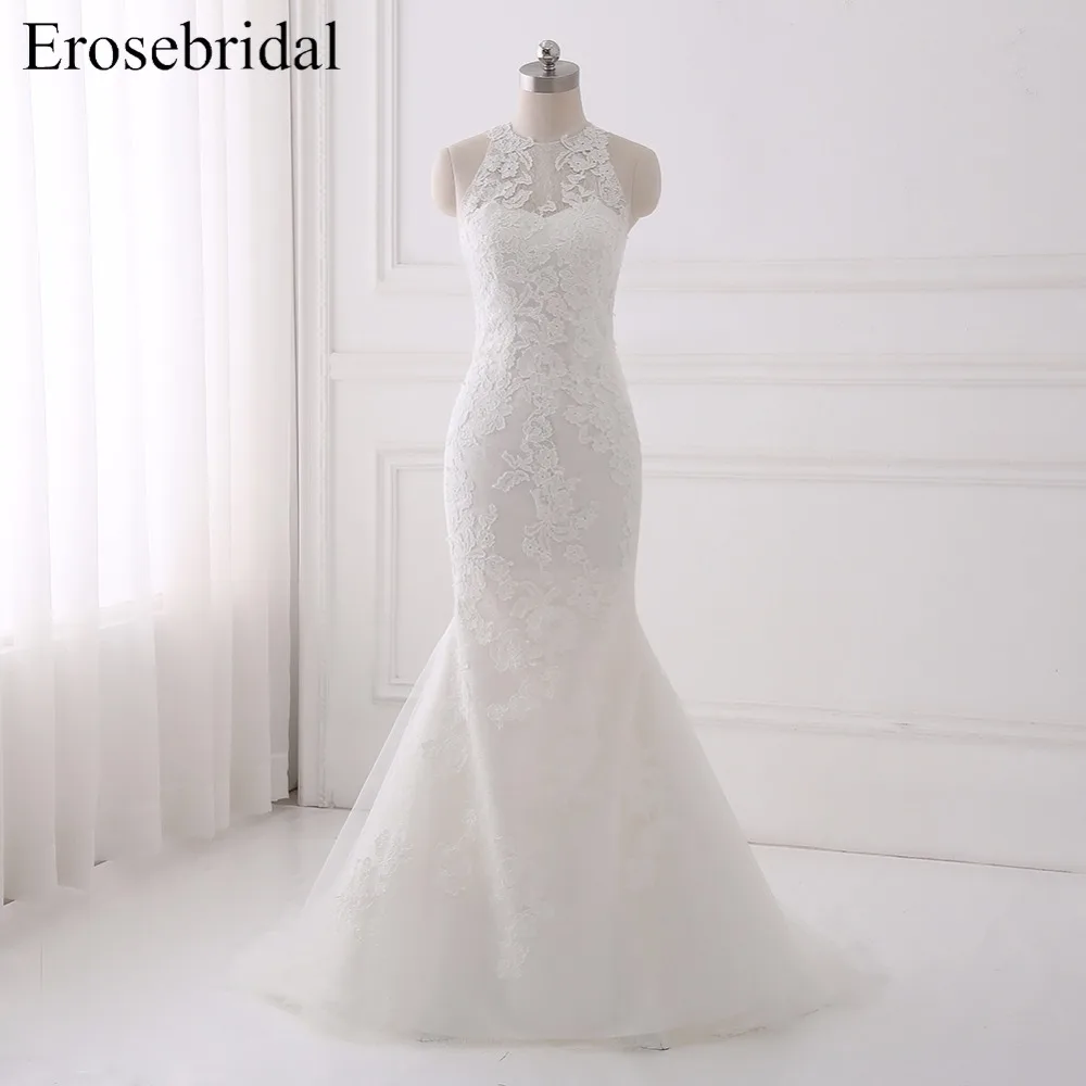 

White O Neck Mermaid Wedding Dress Erosrbeidal 2018 Lace Wedding Dresses Sexy Backless Court Train Bridal Gown Vestido De Noiva