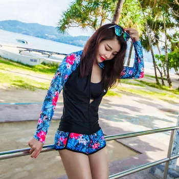 

HISEA SEAC Women beach Lycra Rashguards Surf Swimsuit Quick drying Shorts Long Sleeve Elastic calico zipper Rash Guard Swimming