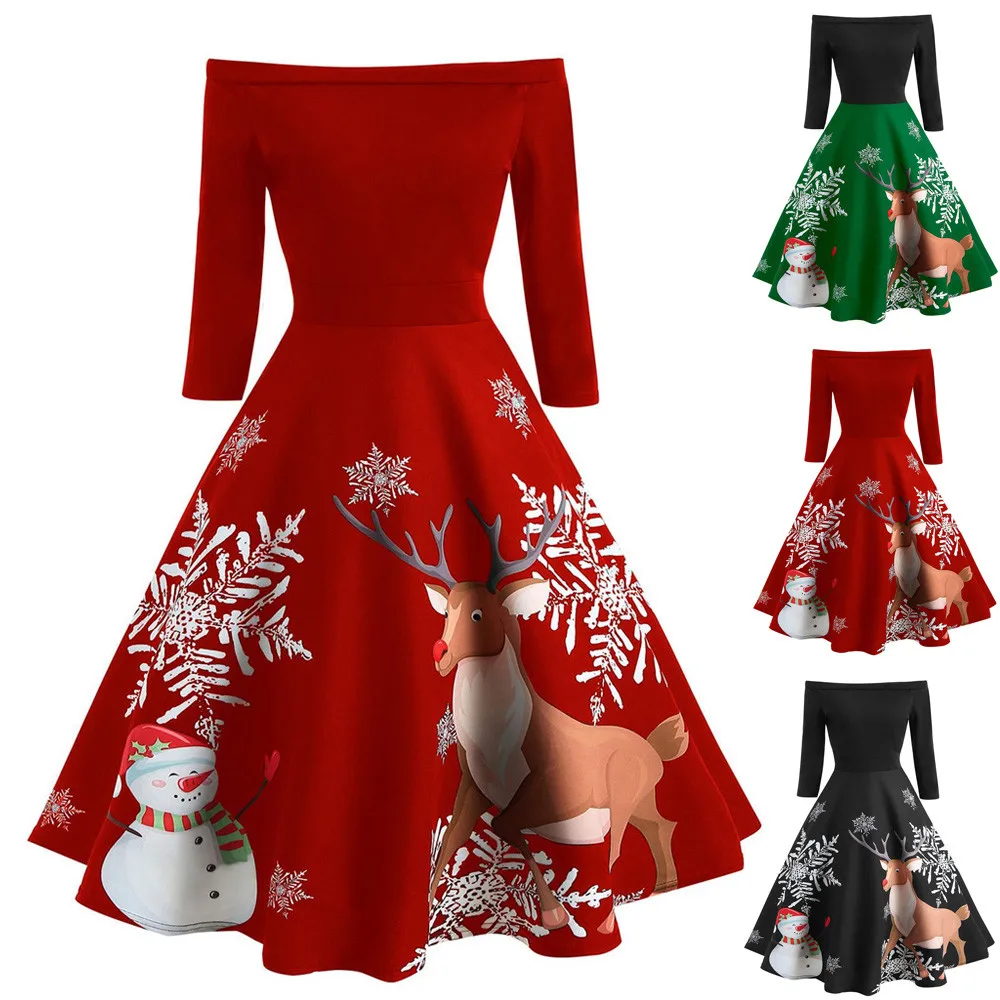 

Christmas Dresses Women Off Shoulder Print Vintage Evening Party Dress Flare Women'S Dress #30