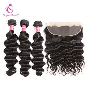 

Supernova Brazilian Loose Deep Wave Bundles With Frontal Closure 13*4 Ear to Ear Human Hair 3Bundles with Lace Frontal Remy Hair