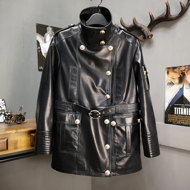 

New 2019 Brand Designer Sheepskin Genuine Leather Jacket Women Buttons Zipper Coat Belt Medium Long Real Leather Jackets W1759