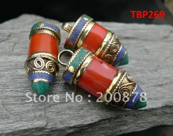 

Tibet JewelryTBP269 Tibetan brass inlaid red coral pendant,40mm,Nepal handmade vintage jewelry