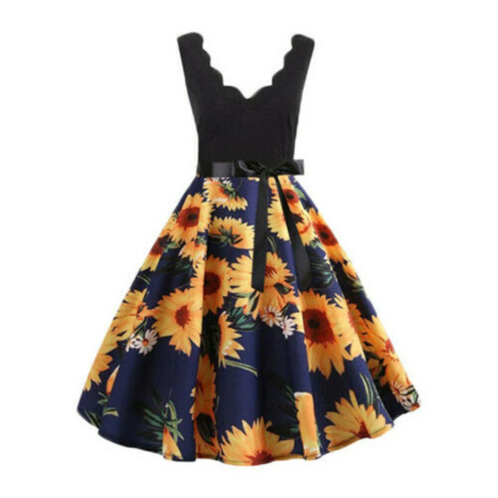 

Women Vintage Style Sunflower Dress Sexy Ladies Retro Pinup Swing V Neck A-Line Sleeveless Party Dress Summer Sundress