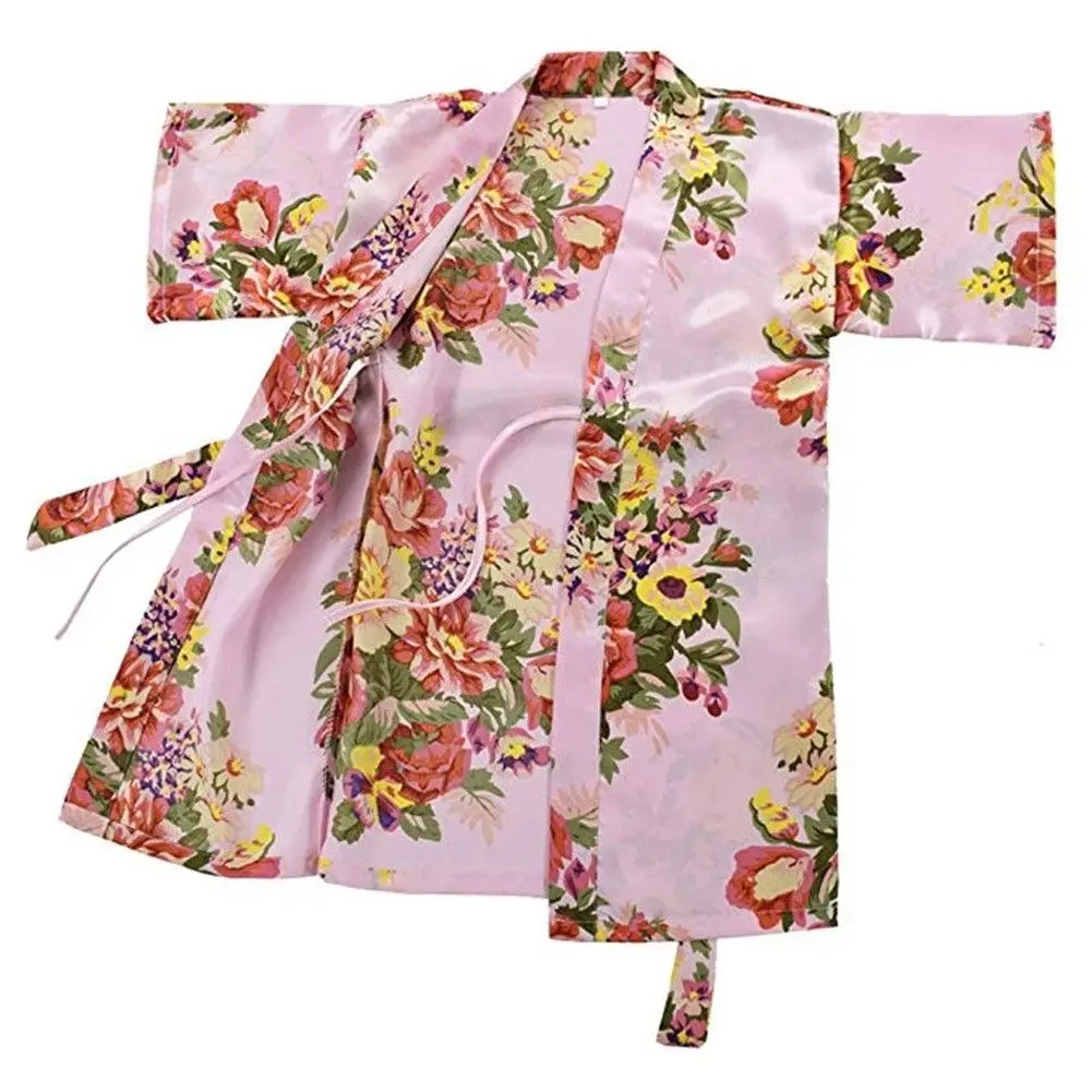 Новая модная детская Ночная одежда для девочек, летняя атласная Шелковая пижама для девочек, милая Повседневная Ночная рубашка с цветочным рисунком, банный Халат - Цвет: Розовый