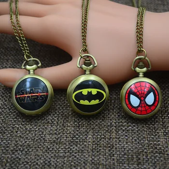 

Bronze Fashion Pocket Watch Necklace Women Quartz Fob Watches Cartoon Star Wars Captain America Transformer Super Spider Batman