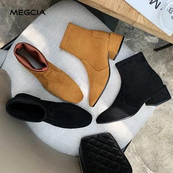 

MEGCIA 2019 Fashion Ankle Boots Woman Autumn Winter Suede Stretch Boots Square Heel Bootis Black Yellow Female Casual Shoes A921