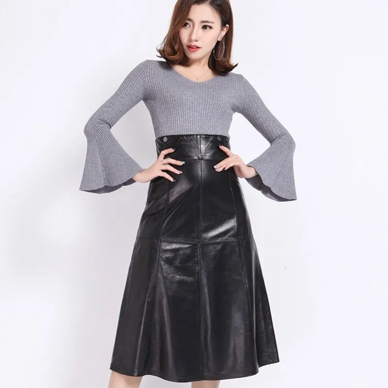 

Top Quality Sheepskin Genuine Leather Women Midi High Waist Skirts A Line Sequined Back Zipper Fly Streetwear Mid Calf Skirts