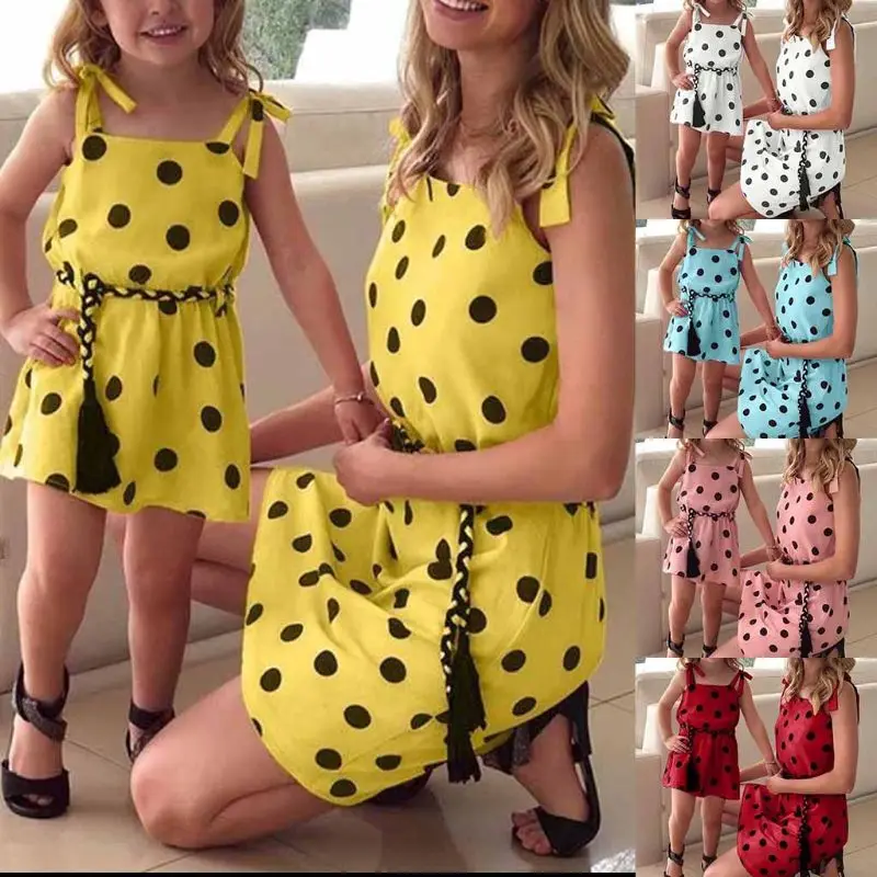 

Mother Daughter Summer Dotted Dress Family Matching Women Kid Girl Polka Dot Sleeveless Strap Bow Belted Mini Dress