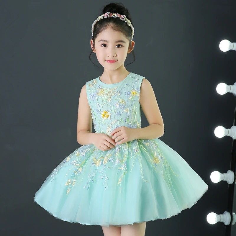 

Light Blue Flower Girls Dresses For Wedding Gowns Sleeveless Lace Appliques Girl Birthday Party Dress Tulle Pageant Dresses