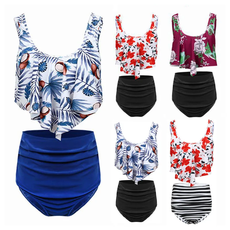 

Women's Bikini Set High Waist Briefs Ruffles Flash Flower Print Vest Top Push Up Padded Swimwear Female 2XL Summer Beach Wear