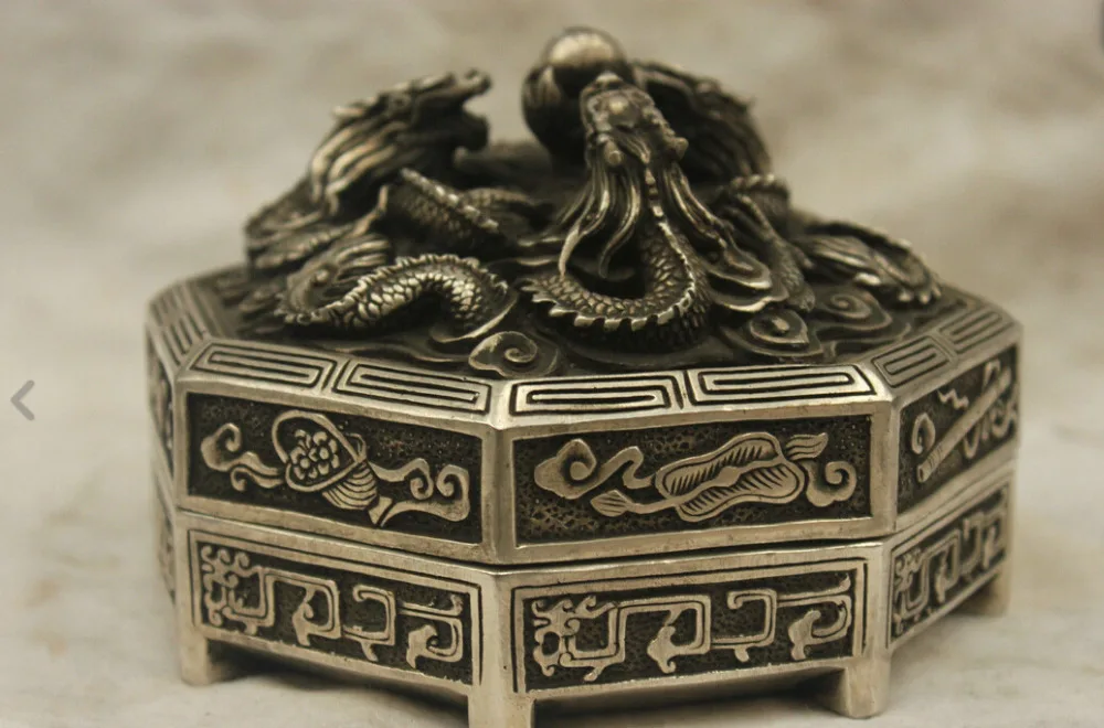 

Chinese China Folk Culture HandMade Old Silver Bronze Statue Dragon jewel box