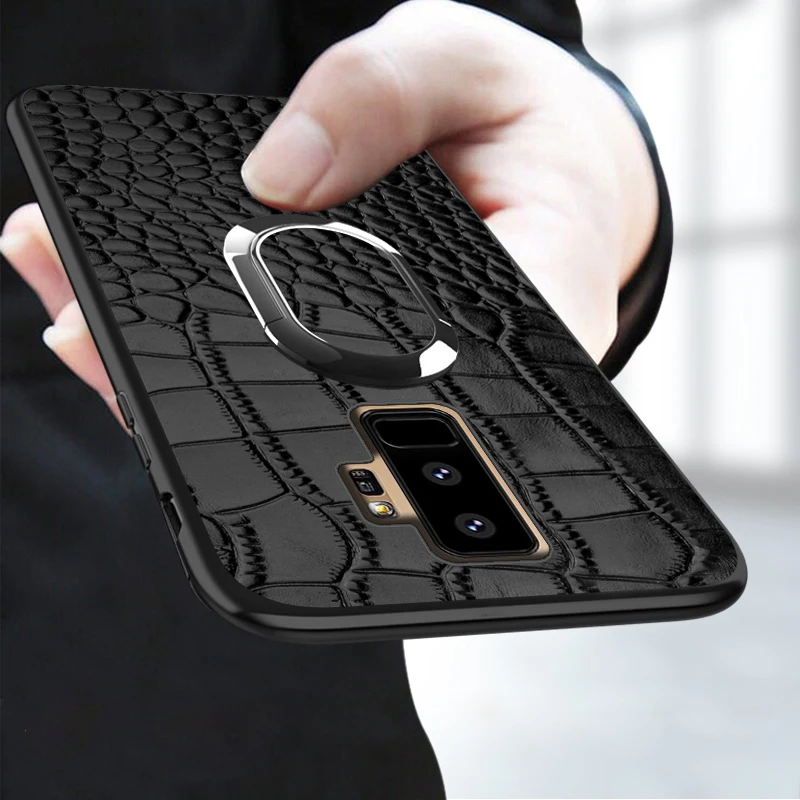 Крокодиловая Текстура кожаный чехол для iphone 6 6s для Galaxy S8 S9 Plus S7 Note 8 9 чехол автомобильный Магнитный кронштейн с кольцом-присоской
