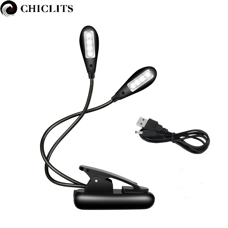 

Chiclits 8leds Book Light Reading Table Lamp Dual Flexible Double Goosenecks Clip-on Arm Desk Light indoor Lighting USB Led Lamp