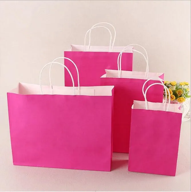 

20 Pcs/lot Festival Gift Kraft Bag Hot Pink Shopping Bags DIY Recyclable Paper Bag With Handles 4 Size Optional