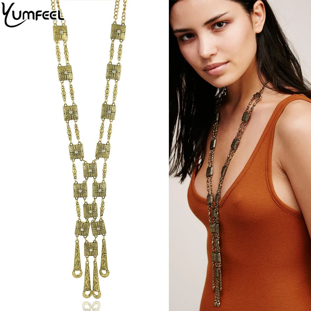 

Yumfeel New Fall Vintage Style Metal Tassel Pendants Long Necklace for Woman With Crystals
