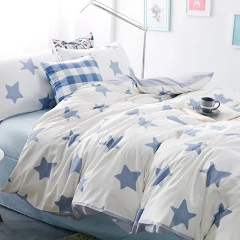 

Japan Style Stars White Blue Color Cotton Bedding Set Bed Linens 4pcs/set AB side Duvet Cover Sheet Fitted Sheet Pillowcases