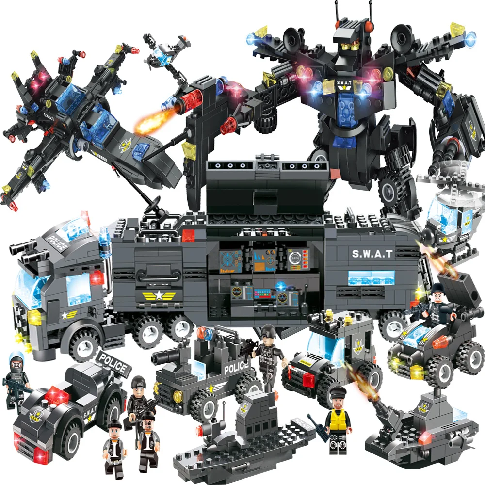 

725pcs 8 In 1 City Police Series SWAT Building Blocks Kids Assembling Weapons Aircraft Car Robot Toy Compatible with Legoed