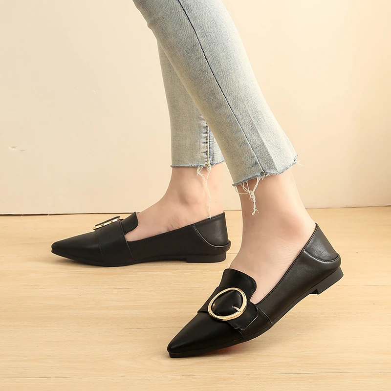 

Woman buckle flats shoes big size pointed toe Loafers leather butterfly knot Slides shallow Slip on shoes Black apricot white