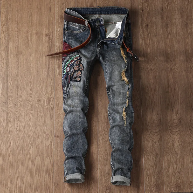 Cotton Embroidery Straight Men Jeans Trousers Slim Appliques Stonewashed Zipper Fly Full Length Fear Of God Mens Biker Fashion 