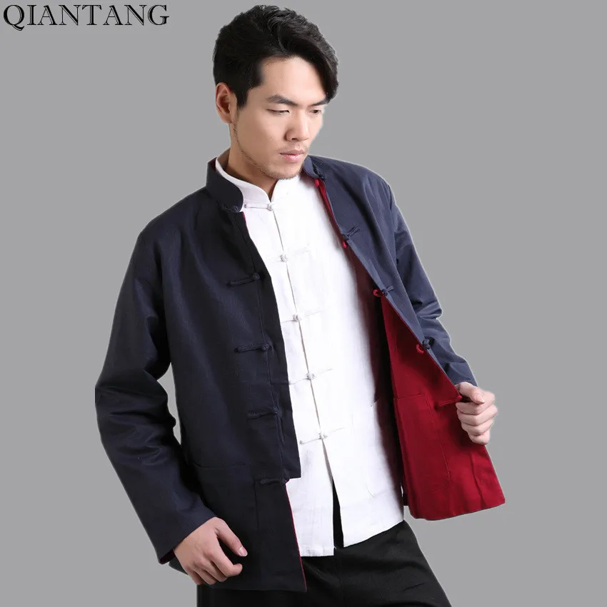 Navy Blue Red Chinese Men Cotton Linen Reversible Two Face