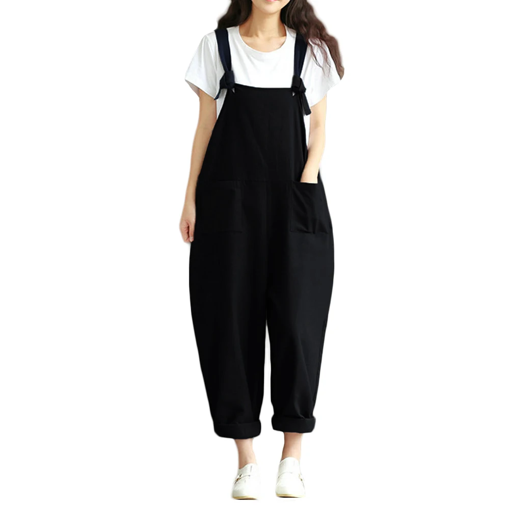 5XL Plus Size Salopette Women Loose Jumpsuit Overalls Solid Sleeveless
