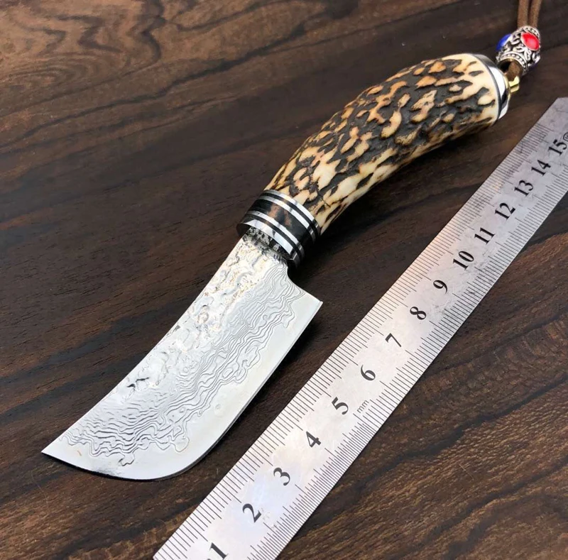 EDC VG10 Damascus Fixed Blade Knives, Antlers Handle Handmade Small