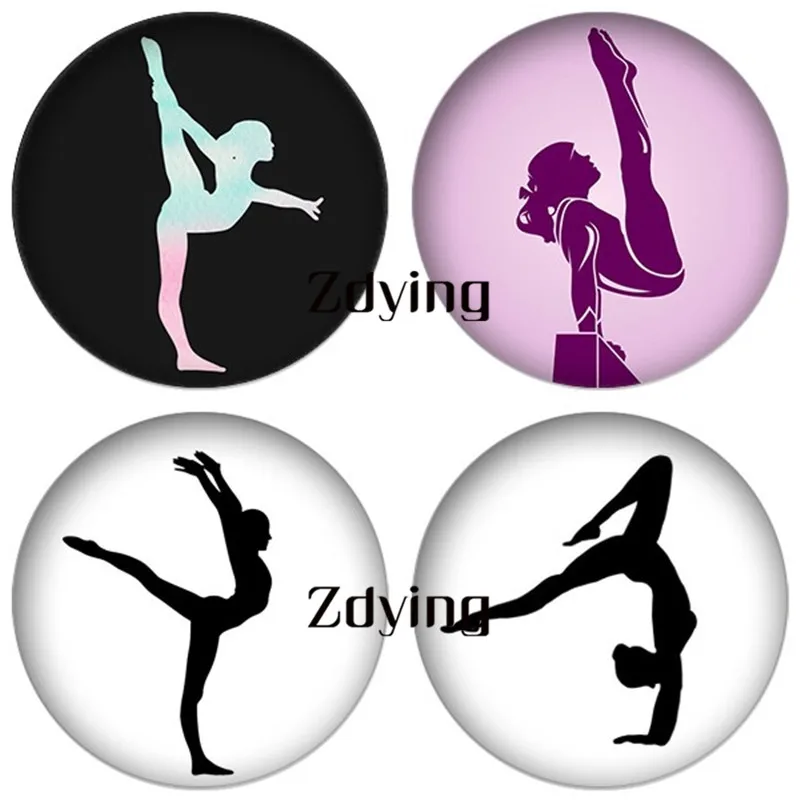 

ZDYING 5pcs Gymnastics Gymnast Silhouette Round Glass Cabochon Demo Beads Flat Back Making Findings DIY Brooch Keychain GY001