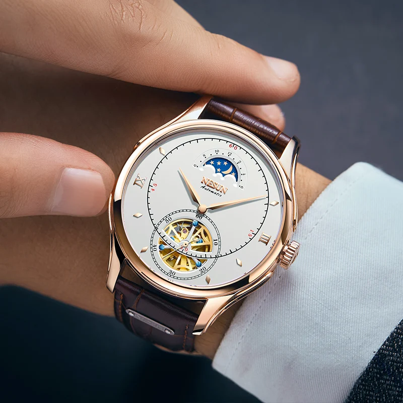 Мужские автоматические механические часы Nesun Tourbillion роскошные брендовые