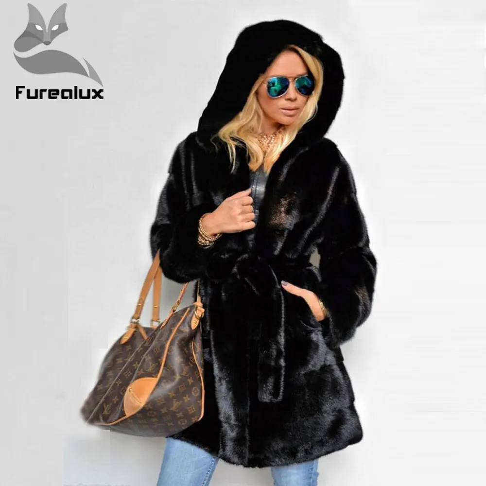 

Furealux Luxury New Real Mink Fur Coat Long For Women Warm With Hood Winter Mink Fur Jackets Hooded With Belt