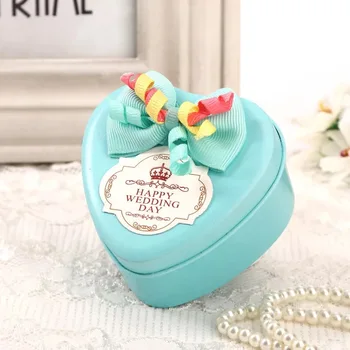 

free shipping 50pcs/lot heart tinplate tiffiny blue box small size with bowknot wedding party candy storage box favors supplies