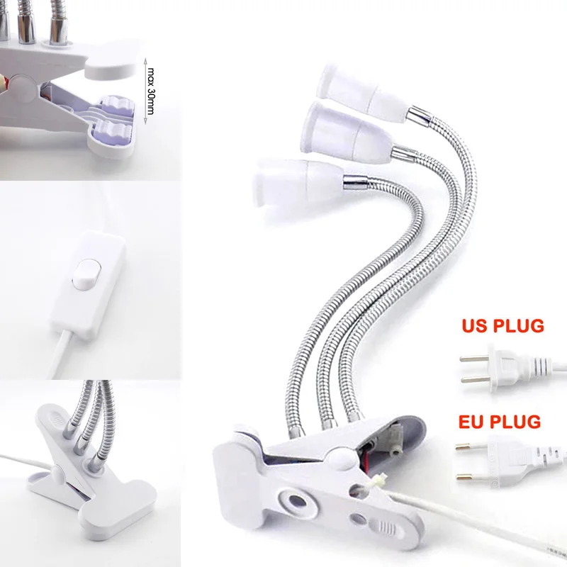 Online E27 Buchse 3 Kopf Flexible Licht Clip Mit Auf Off Schalter Lampe Halter Für Schreibtisch Licht GEFÜHRTE Anlage Wachsen lampen Basis EU Us stecker