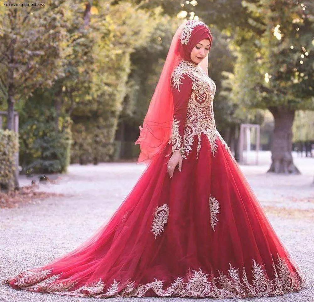 Dark Red Muslim Dubai Wedding Dresses With Gold Appliqued Long Sleeves A-Line Beaded High Neck with veil Sweep Train Plus Size Bridal Gowns  177 (6)
