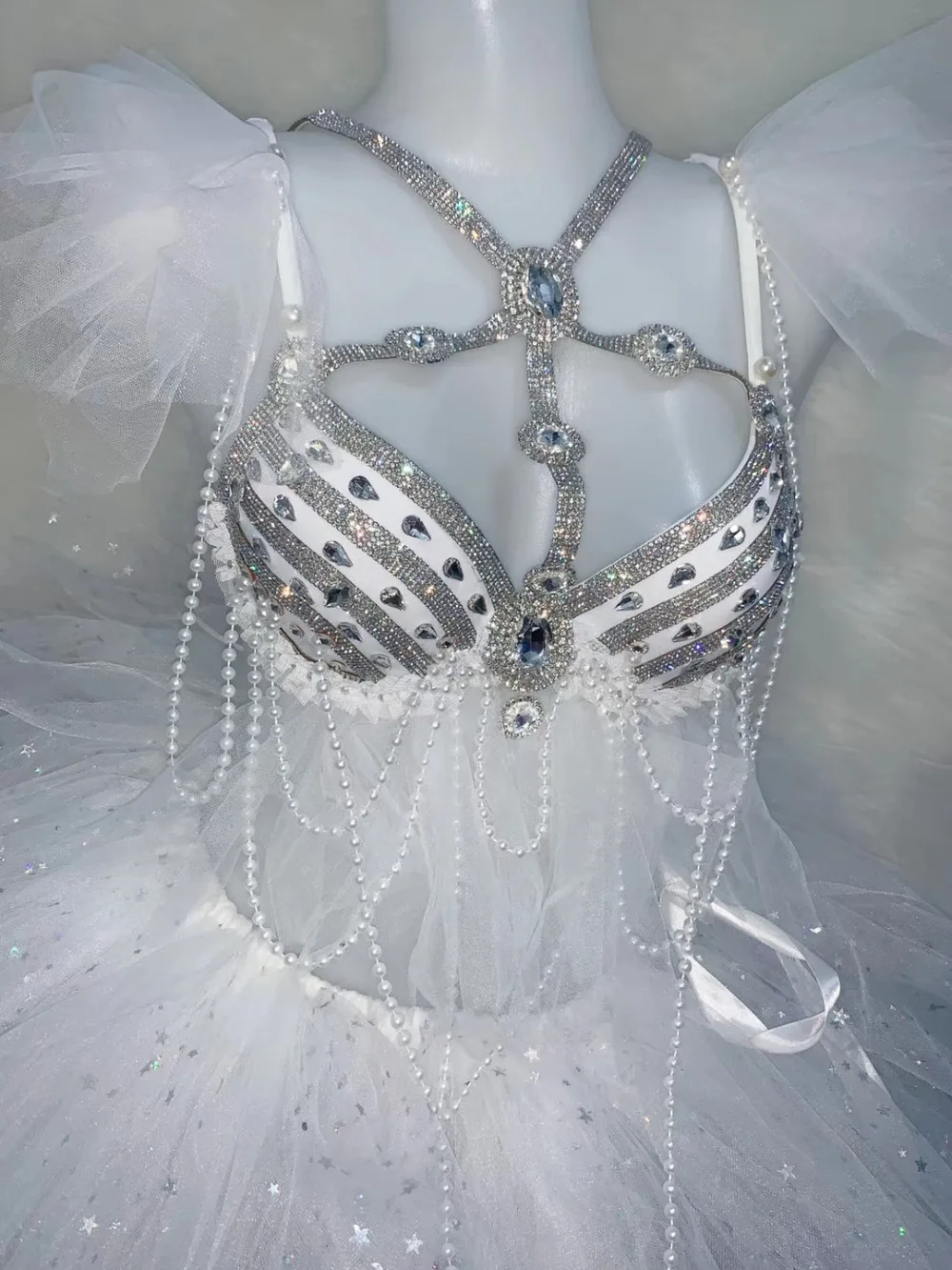 White Skirt Sparkly Rhinestones Pearls Bikini Set Women singer Dance