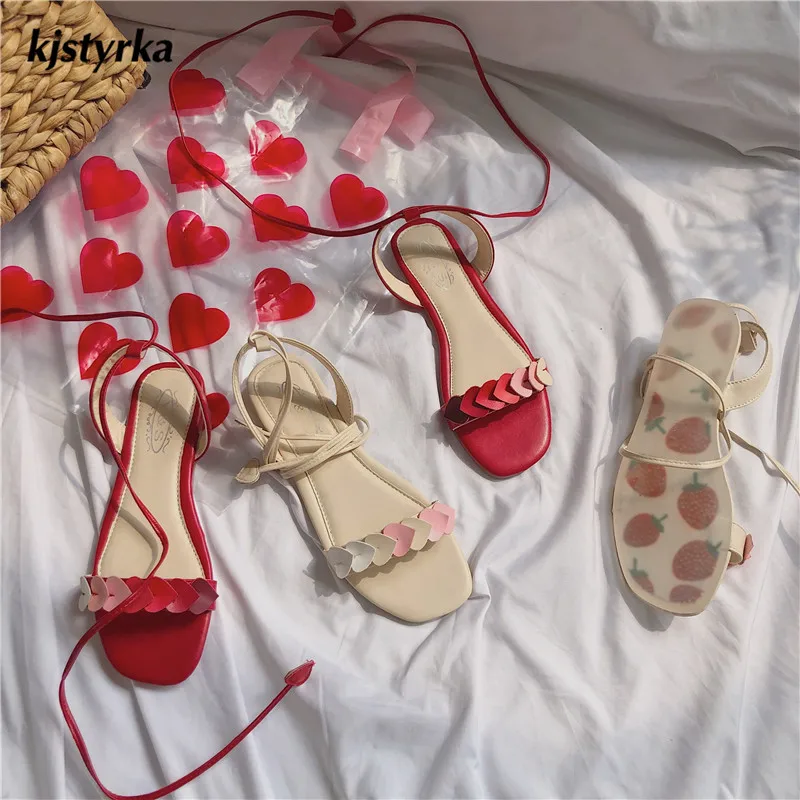 

Kjstyrka femme 2019 nouveau heart belt red white fashion girl shoes open toe women sandals ankle strap flats sandalia feminina