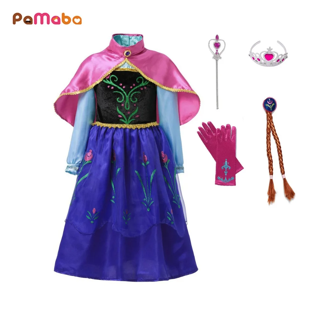 PaMaBa/платье принцессы Анны для маленьких девочек, карнавальный костюм на Хэллоуин Детский карнавальный наряд с накидкой, вечерние платья