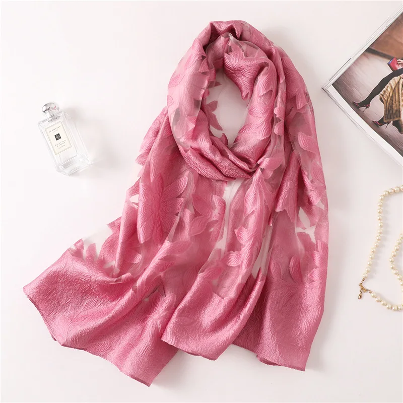Модный женский шарф летние шелковые шарфы для женщин шали и деформации зимние пашмины пляжные палантины шарф хиджаб платок - Цвет: juhua-pihong