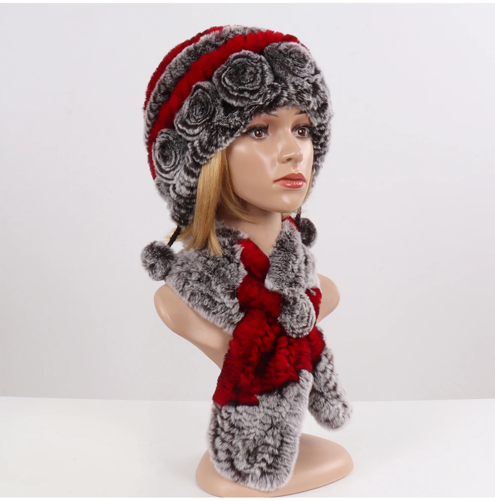Вязанные зимние шапки из меха кролика рекс шарфы для женщин Мода натуральный мех шапки наборы шарфов Леди Теплый натуральный мех шапка глушитель