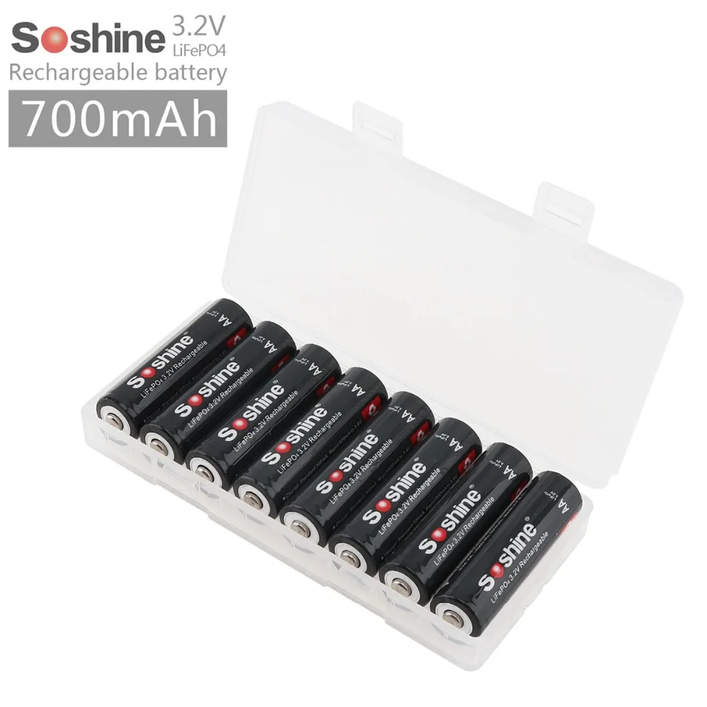 Soshine 8 шт. 3 2 в 700 мАч 14500 LiFePO4 Перезаряжаемый Аккумулятор AA + портативный батарейный