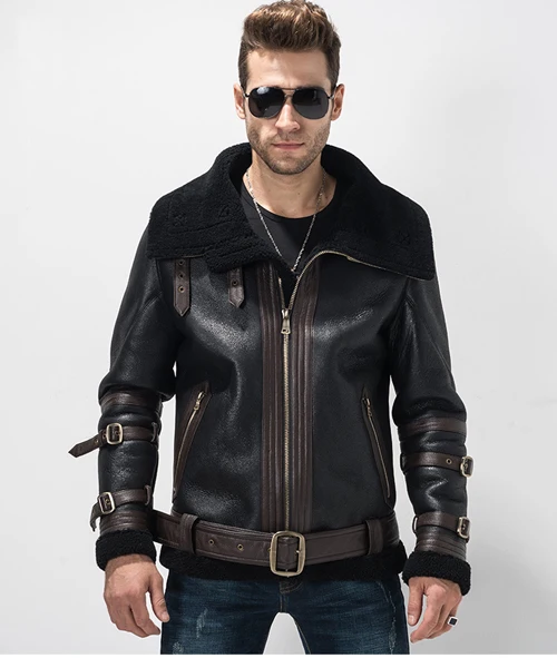 Мужское пальто из овчины серого цвета, летная куртка B3 B2, натуральная мотоциклетная куртка, кожаная мужская куртка из овчины, шуба WZS - Цвет: Black