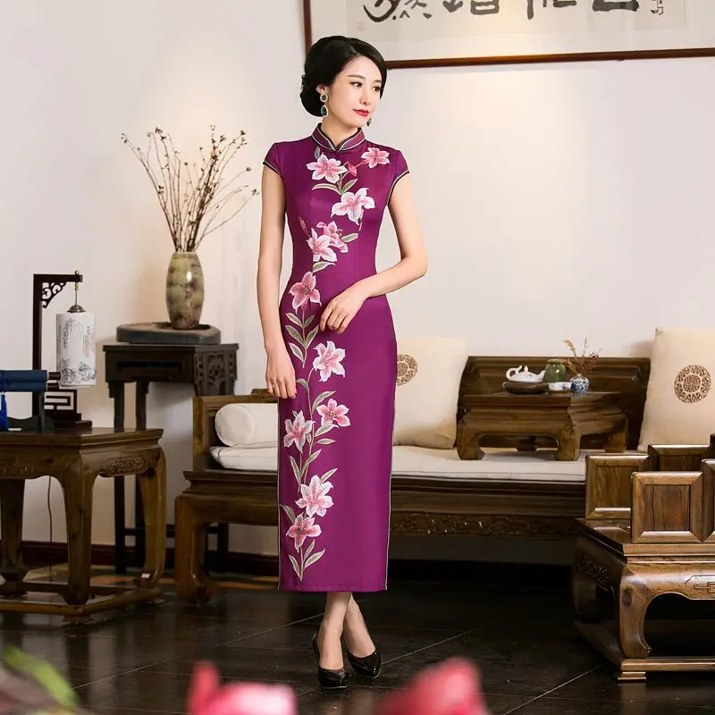 New Arrival Satin Long Cheongsam Fashion Chinese Style Women's Dress Elegant Qipao Vestidos Size S M L XL XXL 216048 New Arrival Satin Long Cheongsam Fashion Chinese Style Women's Dress Elegant Qipao Vestidos Size S M L XL XXL 216048